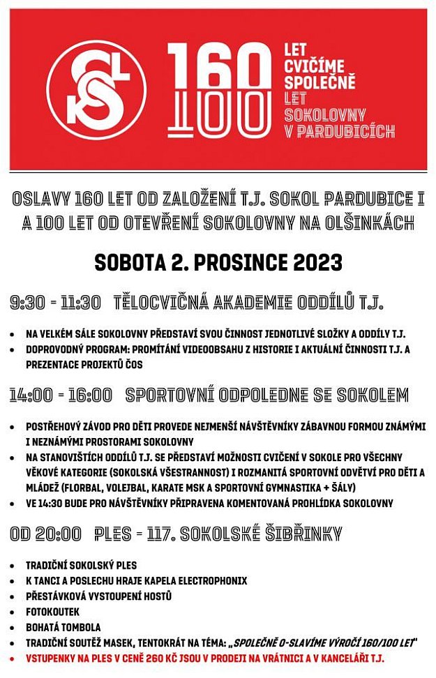 Oslavy 160 let od založení T.J. Sokol Pardubice I a 100 let od otevření sokolovny na Olšinkách
